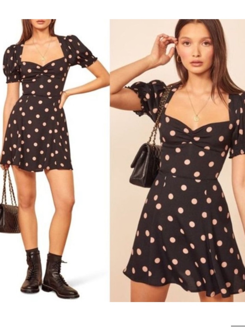 Reformation Dress Size 2 Brittney Black Pink Polka Dot Mini Ruched Retro Boho